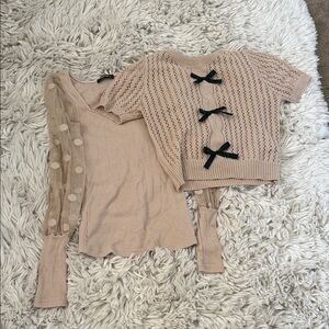Beige Knit Top & Sheer Polka Dot Sleeve Layering Set - Beige with Black Bows